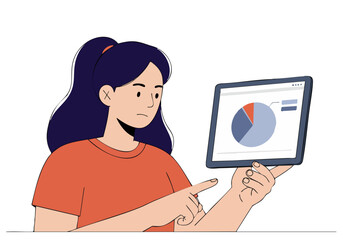 A young woman studies a pie chart on a tablet, displaying data. She appears thoughtful and analyzes the information. Modern illustration style.