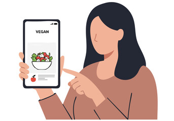 A woman holds a smartphone displaying a vegan recipe recommendation. Clean, modern illustration style. Focus on digital food and healthy lifestyle.