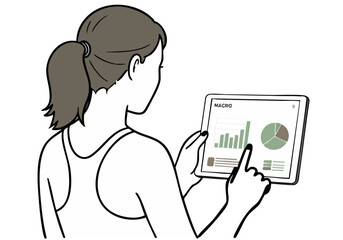 A woman monitors her macro nutrient intake on a tablet, promoting a healthy lifestyle. Clean, modern illustration with a focus on wellness and data tracking.