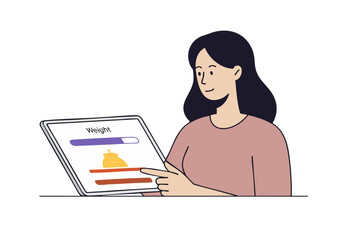 A woman uses a tablet to monitor her weight, displaying a scale graphic. She appears focused and healthy. Modern, clean design.