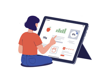 A young woman uses a tablet to track nutrition, displaying calorie intake data. Modern, digital health concept. Clean, bright background.