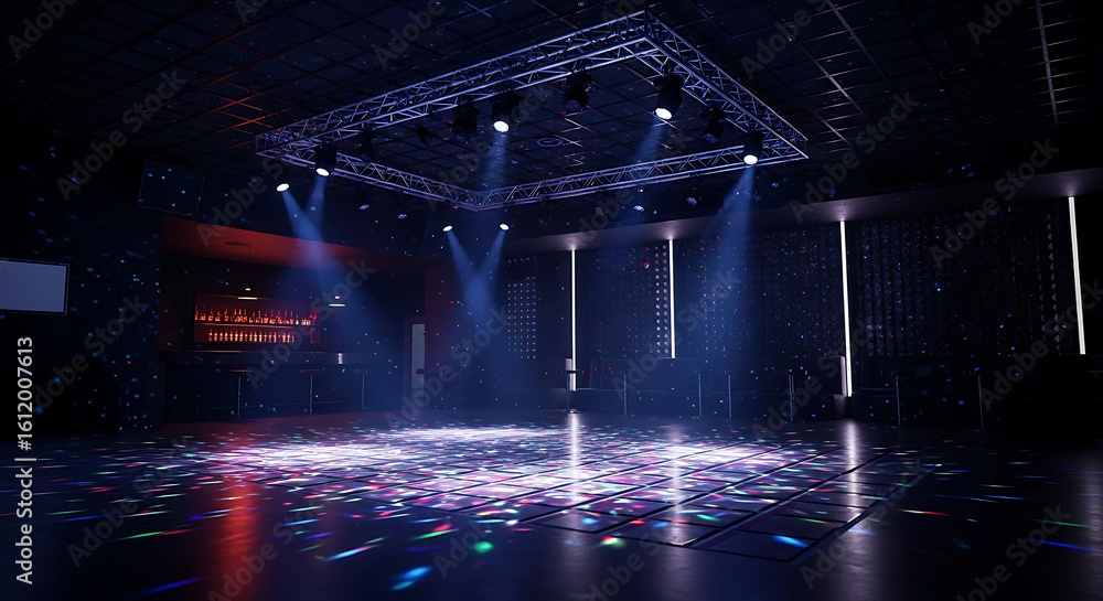 Aufkleber illuminated dance floor with overhead lighting rig in a dark nightclub or event space setting with b