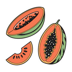 Juicy fruit icons with bold outlines and high contrast shadows in sticker style
