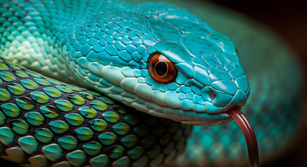 Fototapeta premium A vibrant blue viper with its tongue out, showcasing its scales