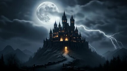A hauntingly castle stands ominously atop a hill, illuminated by lightning and a full moon, evoking a sense of mystery and the supernatural in a dark, stormy landscape.