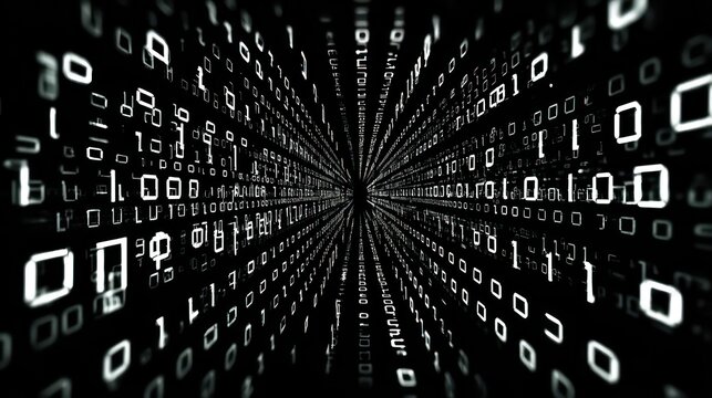 Digital stream of binary code flowing into infinity technology data