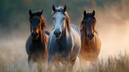 Obraz premium Three wild horses running through a misty meadow during golden hour with dramatic lighting