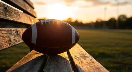 American Football Ball Resting On Wooden Park Bench During Golden Hour Sunset With Stadium Lights In The Background Symbolizing The Game Spirit And Dedication