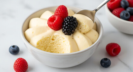 A spoonful scoops into a mousse dessert topped with fresh berries