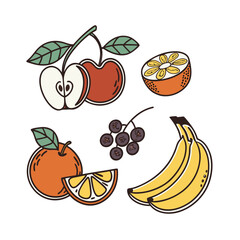 Retro fruit icons with mid century modern colors and clean outlines