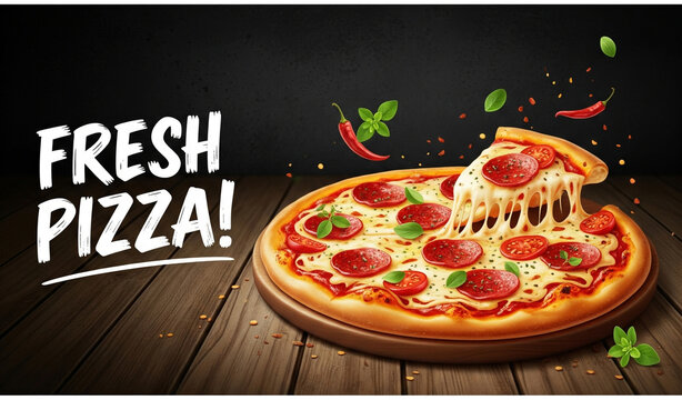 Deliciously hot pepperoni pizza with fresh basil and flying chili peppers