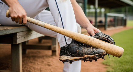 Close up of a baseball player sitting in a dugout holding a wooden bat and wearing a glove