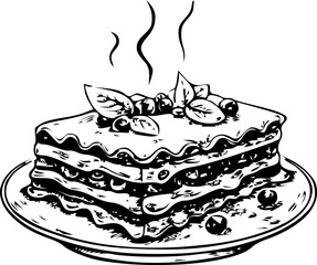 A black and white vector illustration of a plate of lasagna. This clean and simple design is perfect for use in restaurant menus, culinary blogs, or food packaging.