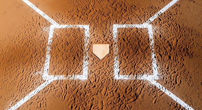 Close up aerial view of home plate and batters box on a baseball field with dirt and white lines - Powered by Adobe