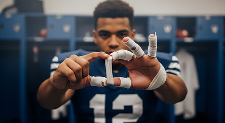 American football player in locker room taping fingers for game day with team colors and number twelve on jersey ready for action