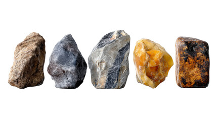 Natural stones in various shapes and colors on clear background