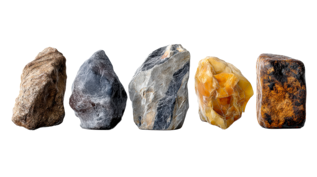 Natural stones in various shapes and colors on clear background