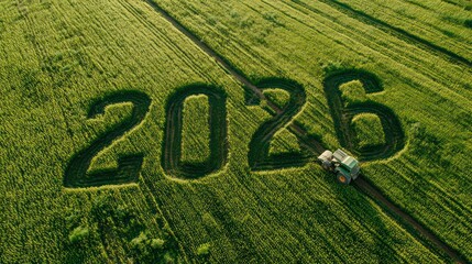 Tractor ploughs green field creating year twenty six agriculture crop