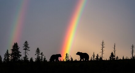 Wild Bears Silhouetted Under Double Rainbow in Forest