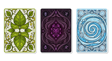 An artistic display of three illustrated playing cards.
