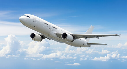 A white passenger airplane soars through a bright blue sky with fluffy clouds