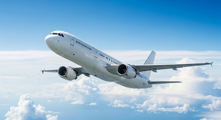 Obraz premium A large commercial airplane soars through a blue sky with fluffy clouds