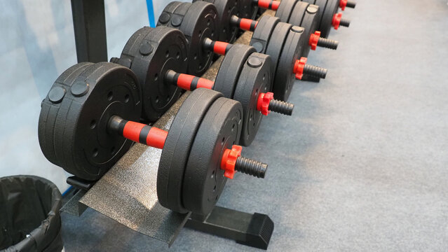 Arow of black dumbbells on a weight rack