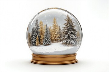A festive snow globe with snowy pine trees and golden firs inside, set on a golden base. Snowflakes fall gently, creating a magical winter forest scene perfect for holiday decor.