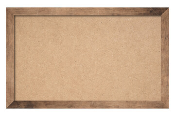 Brown cork board, note pinboard with unpainted natural wooden frame isolated on white background