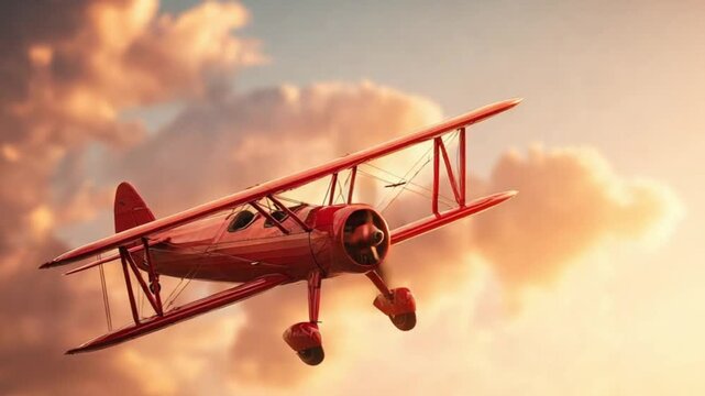 Vintage red biplane soaring through sunset clouds