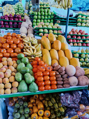 Display of a wide variety of fresh fruits ready to be sold at a market in the city of Arequipa, Peru,