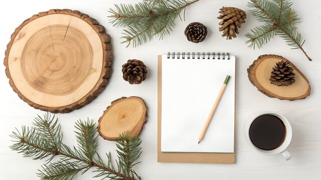 A blank notebook and pencil are surrounded by wood slices, pine cones, and a cup of coffee on a rustic white wooden table