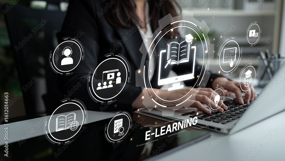 Aufkleber online education boosts access to learning. learn anytime through flexible platforms. education tech