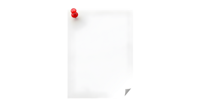 3D Render of a Blank Sheet of Paper with Red Push Pin on transparent background