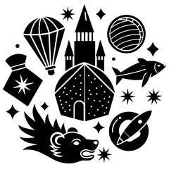 Playful black-and-white vector illustration of a whimsical horse with dots, surrounded by stars, a bird, a globe, and travel icons in a surreal, minimalist style