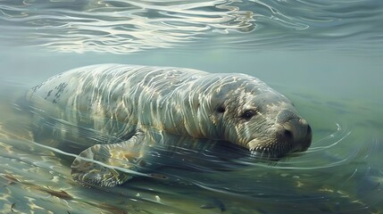 The sea cow, including manatees and dugongs, is a gentle, slow-moving marine mammal that lives in warm coastal waters. Herbivorous by nature, it grazes on seagrass in shallow areas. Known for its calm
