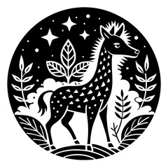 Playful black-and-white vector illustration of a whimsical horse with dots, surrounded by stars, a bird, a globe, and travel icons in a surreal, minimalist style