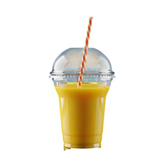Refreshing Close up of a Yellow Smoothie in a Plastic Cup with Striped Straw on transparent background