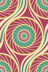 Swirling geometric pattern with maroon teal and cream abstract fractal