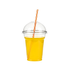 Refreshing Close up of a Yellow Juice in a Plastic Cup with Striped Straw on transparent background