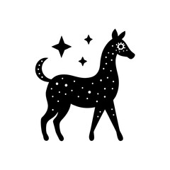 Playful black-and-white vector illustration of a whimsical horse with dots, surrounded by stars, a bird, a globe, and travel icons in a surreal, minimalist style