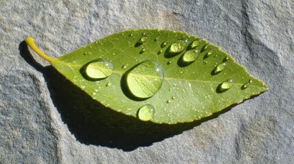 Close-Up View of Fresh Green Leaf with Water Droplets on Stone