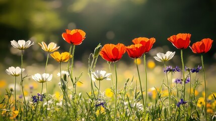 Obraz premium Colorful Wildflowers Blooming in a Sunlit Meadow during Spring