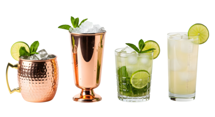 Row of Refreshing Cocktails Featuring Moscow Mule, Mojito, and Limeade Drinks on transparent background