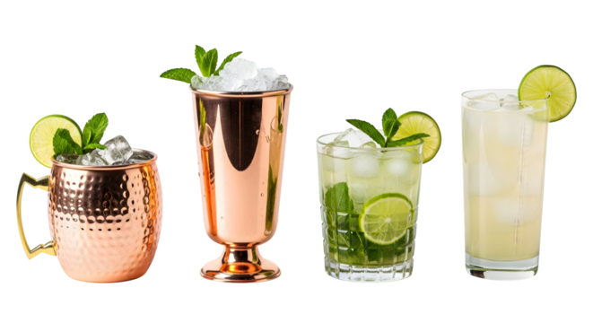 Row of Refreshing Cocktails Featuring Moscow Mule, Mojito, and Limeade Drinks on transparent background