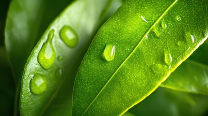 Close-Up View of Green Leaves with Water Droplets on Surface