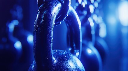 Close-Up View of Heavy Kettlebells in Blue Lighting Atmosphere