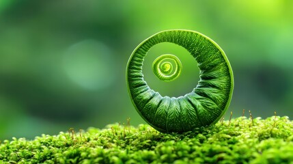 Close-Up View of Spiraling Fern Frond on Lush Green Background