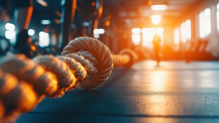 Close-up View of Rope in Gym with Sunset Lighting Effects