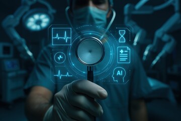 Healthcare Innovation: A surgeon in sterile attire holds a stethoscope, augmented by a futuristic interface. This image captures the essence of advanced medical technology and patient care.